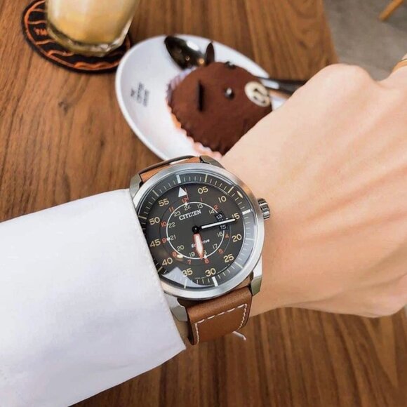 Citizen Mens 45mm Gray Face Dial Leather Brown Watch - Picture 5 of 7